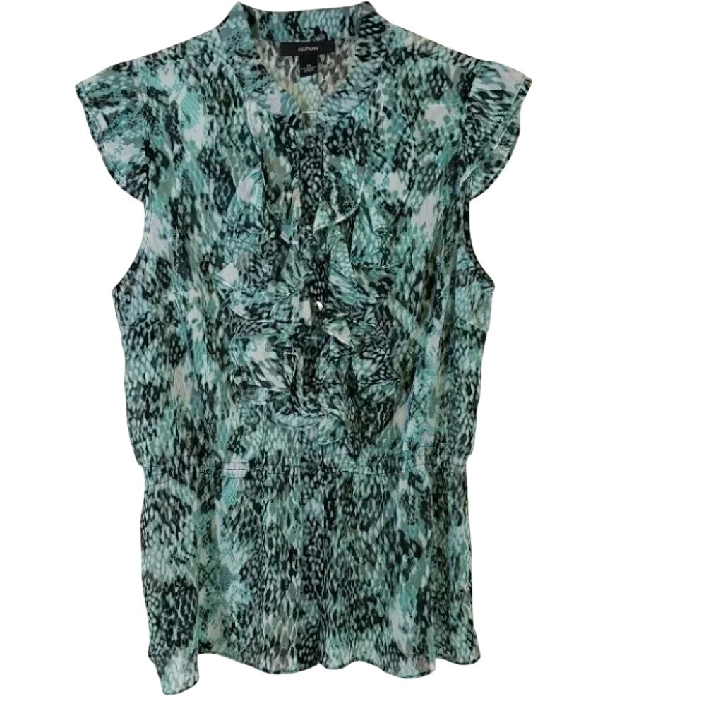 Alfani Blouse 14 Green Snakeskin Ruffle‎ Cap Sleeve Elastic Waist V-Neck